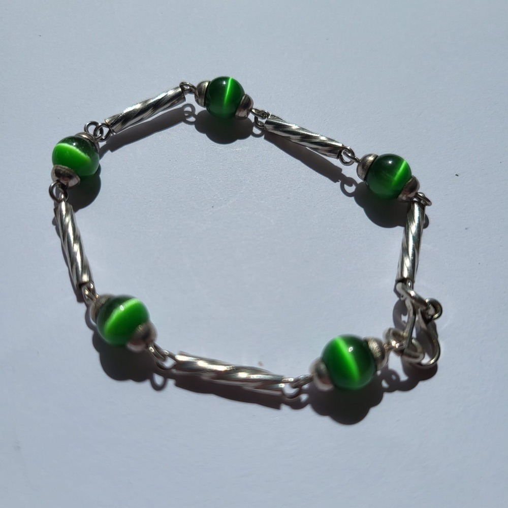 Vintage 925 Sterling Silver Cats Eye Link Green Spiral Bar Bracelet